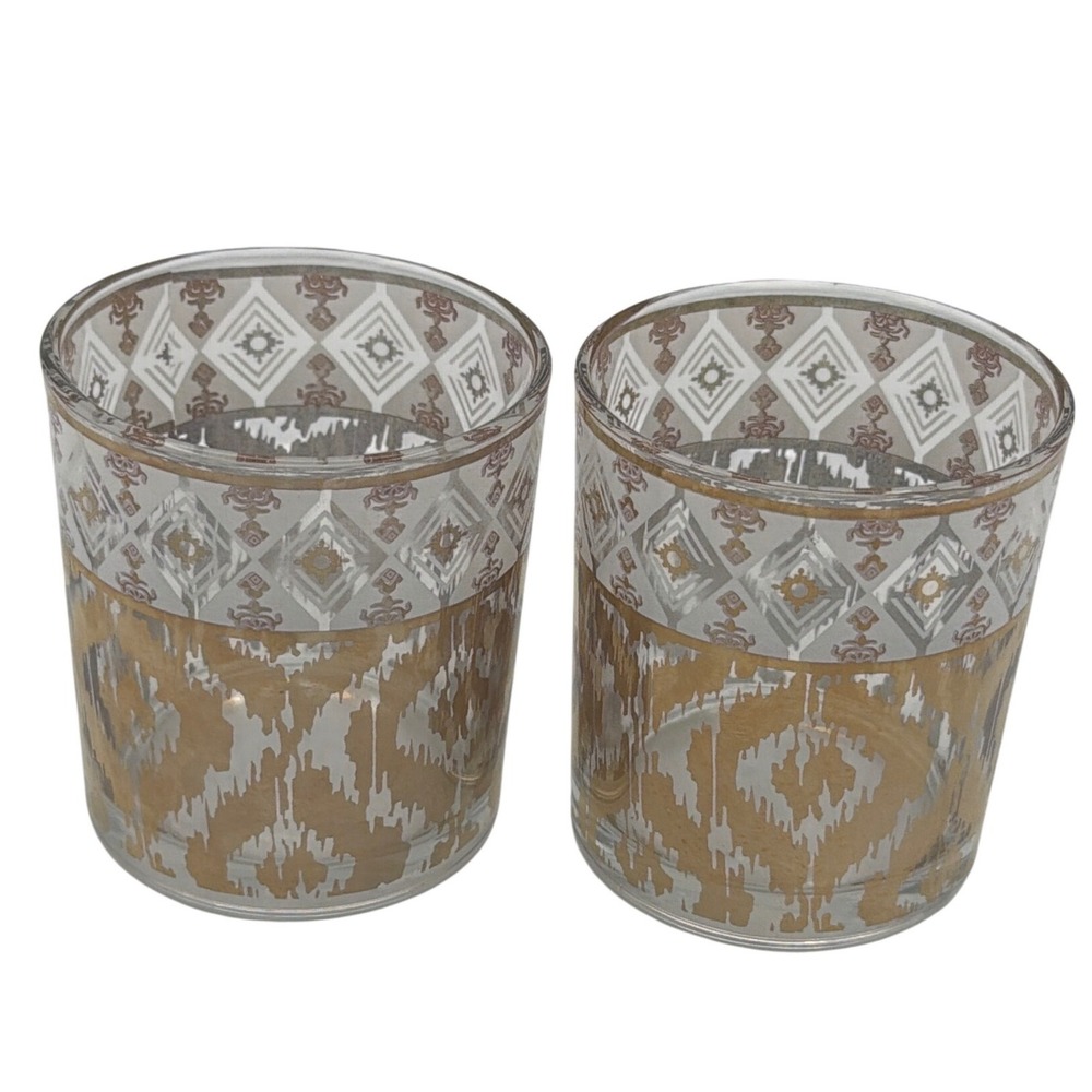 Patina Vie Golden Ikat Lowball Glasses Pair 18K Gold Rocks Whiskey Tumblers MCM